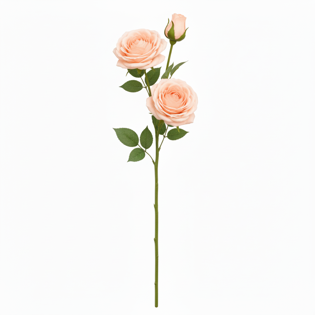 Artificial peach rose stem with 1 full bloom and 1 bud, 26 inch real touch rose, white background