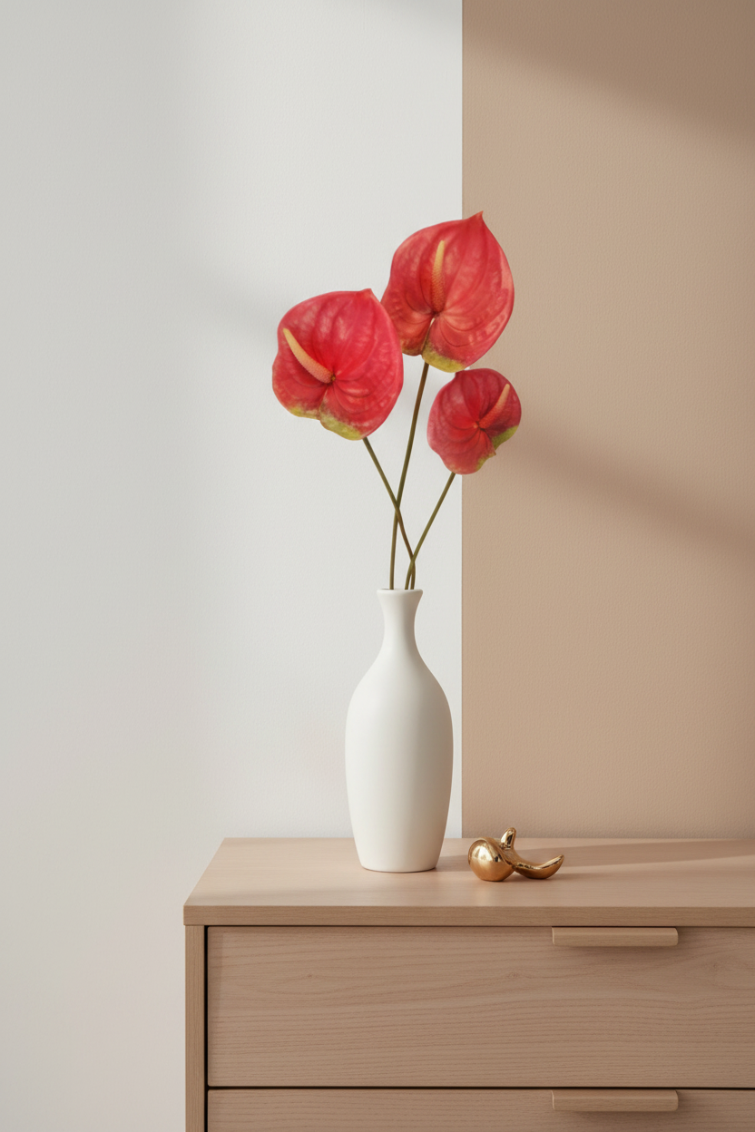 Three deep red artificial Anthurium stems arranged in a white ceramic vase on a dresser in a modern minimalist bedroom with warm neutral decor