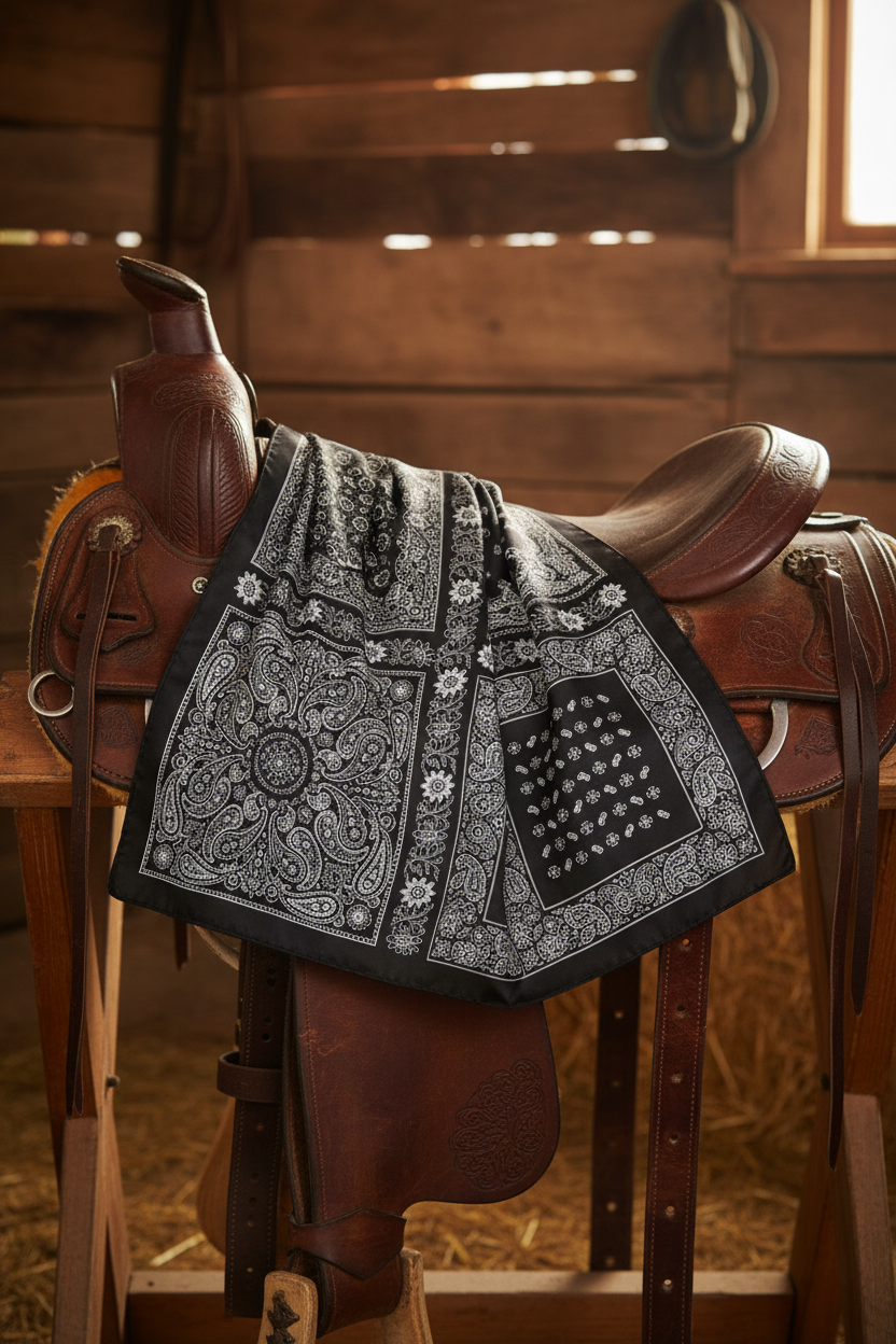 Black and white paisley square scarf loosely draped over a brown leather western saddle in a rustic barn setting