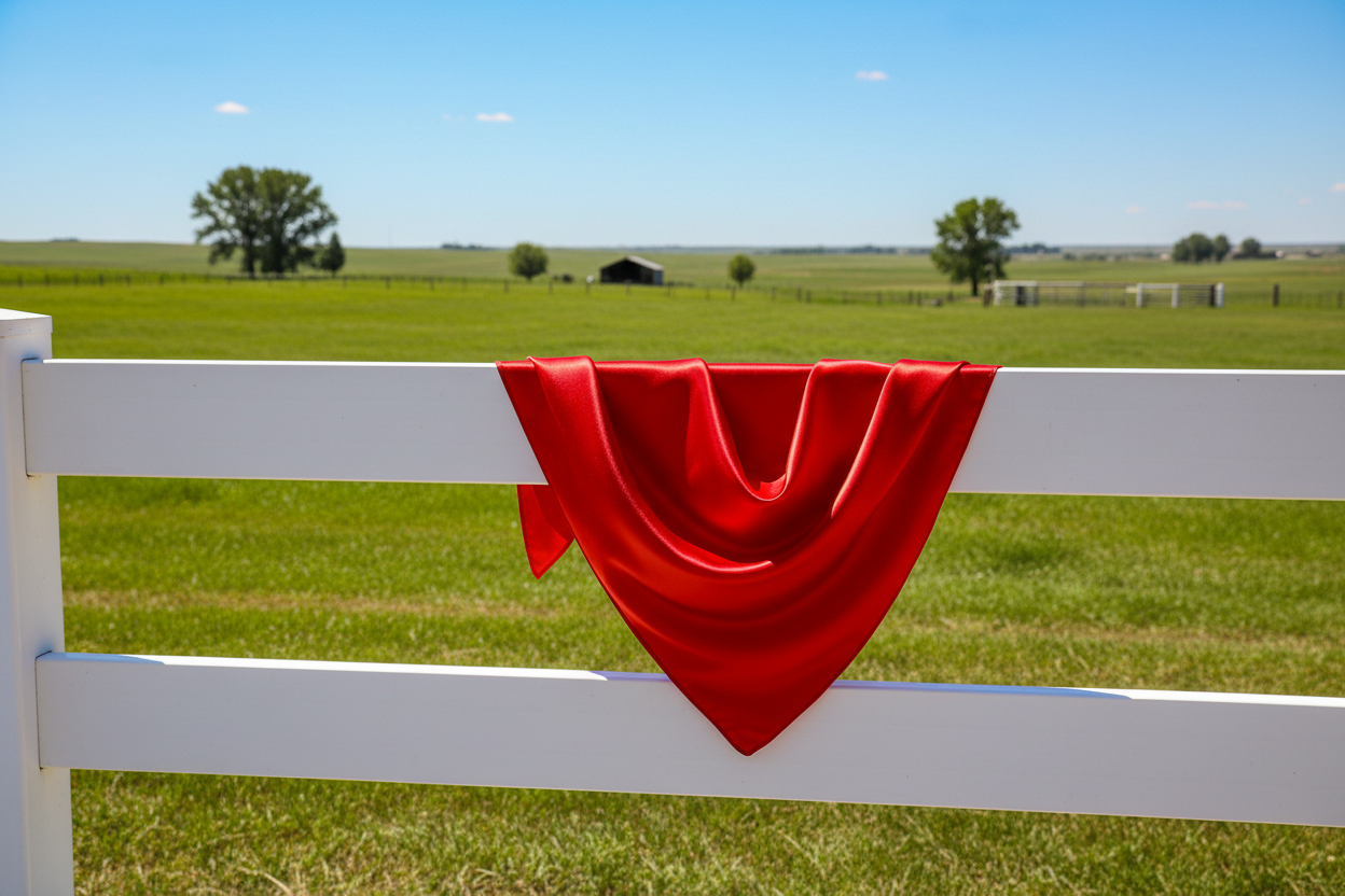 Bright red wild rag draped on white fence rail at sunny ranch with blue sky and green pastures