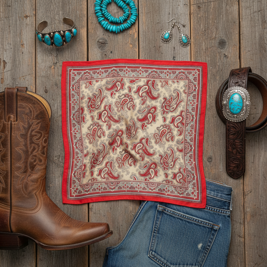 Flat lay red paisley satin wild rag scarf with western accessories cowboy boots turquoise jewelry leather belt denim