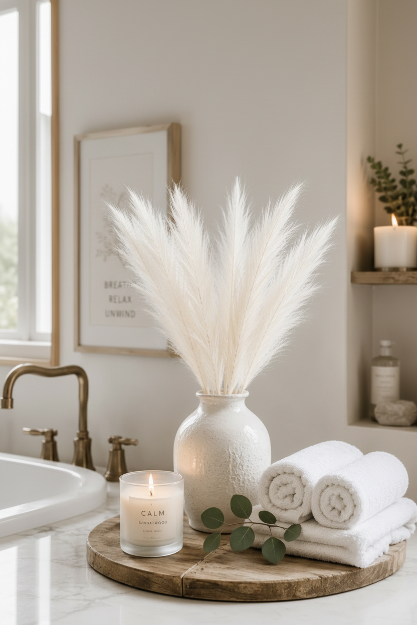 Artificial white pampas grass stems in a white textured ceramic vase on a wood tray styled with a lit candle, rolled white towels and eucalyptus on a marble bathroom counter