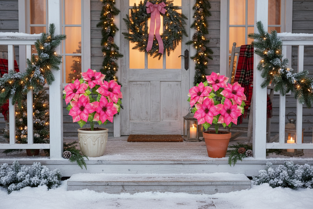 Pink poinsettia bush in terracotta pots on a cottagecore Christmas front porch with pine wreath, fairy lights, lanterns, and warm golden window glow
