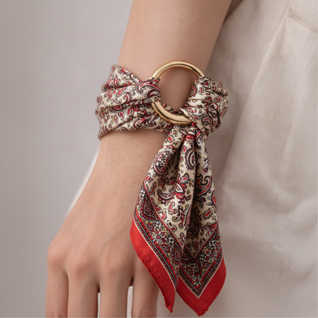 Close-up wrist wrap red paisley satin square scarf gold ring hoop threaded through knot tails draping same side warm natural light 20x20