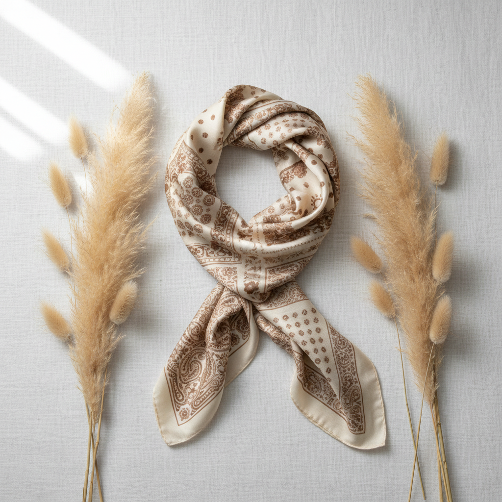 Tan beige paisley satin scarf flat lay with dried pampas grass minimalist western styling