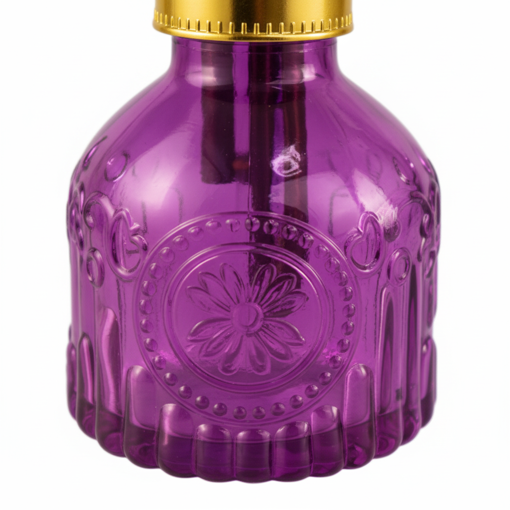 Close-up detail of purple ribbed glass texture on plant mister bottle