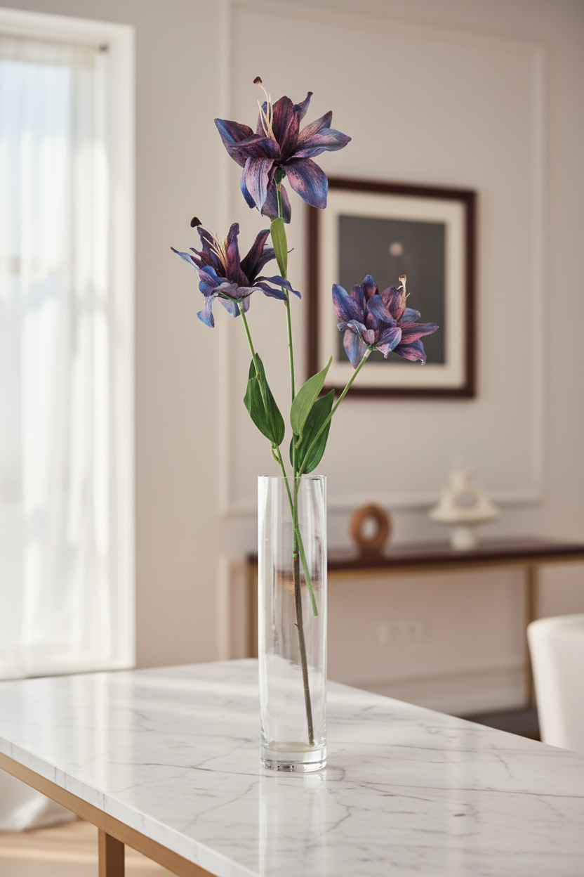 Purple blue tiger lily stems in tall clear glass vase on white marble console table, luxury modern home decor