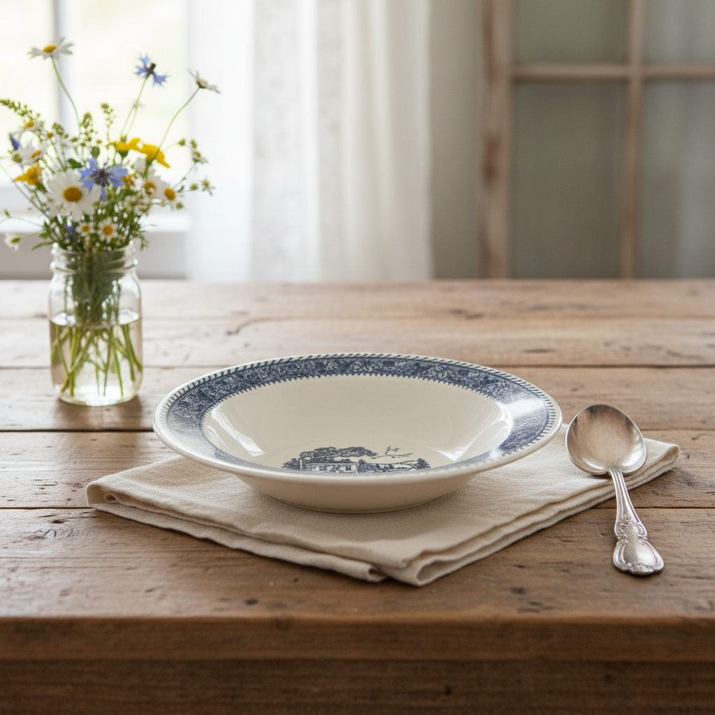 Vintage Homer Laughlin Stratwood bowl Shakespeare Country blue transferware styled in a farmhouse table setting with linen napkin and wildflowers