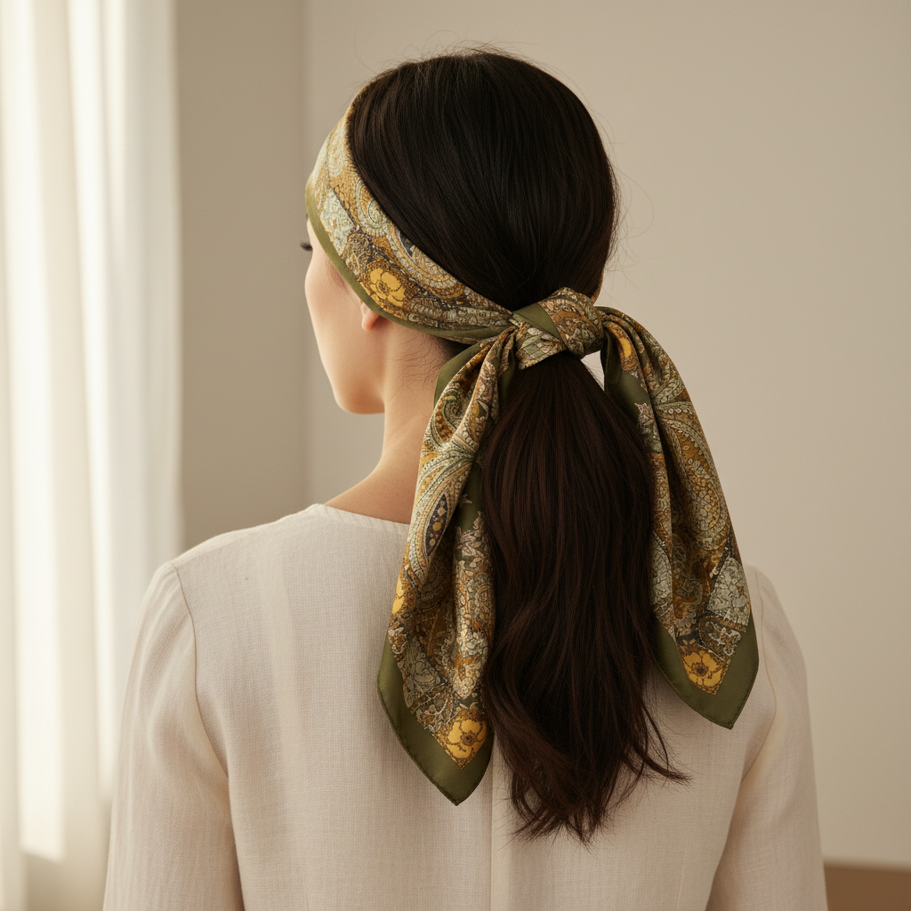 Woman with olive green gold paisley satin scarf tied around a ponytail as a chic hair wrap accessory