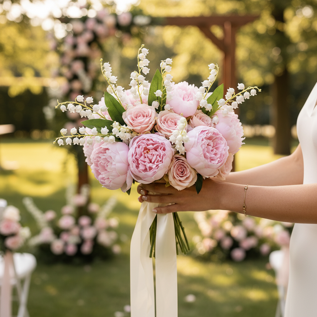 White lily of the valley mixed with pink peonies and blush roses in romantic bridal bouquet wedding arrangement