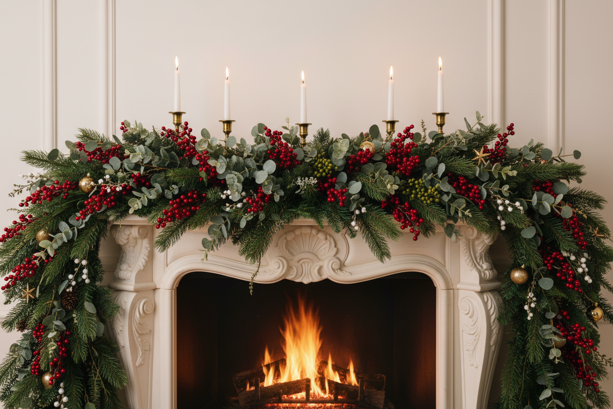 Red artificial berry picks woven into an elegant holiday pine garland on a fireplace mantel with brass candlesticks and gold ornaments
