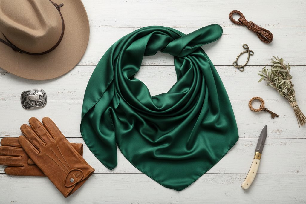 Forest green wild rag flat lay with tan cowboy hat, brown leather gloves, and western accessories on white wood