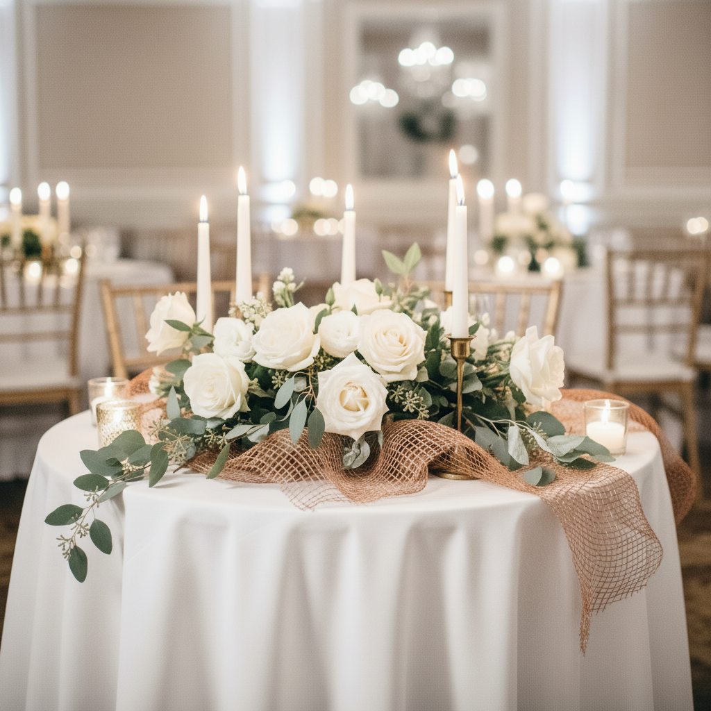 Copper mesh ribbon draped through wedding table centerpiece with white roses and candles