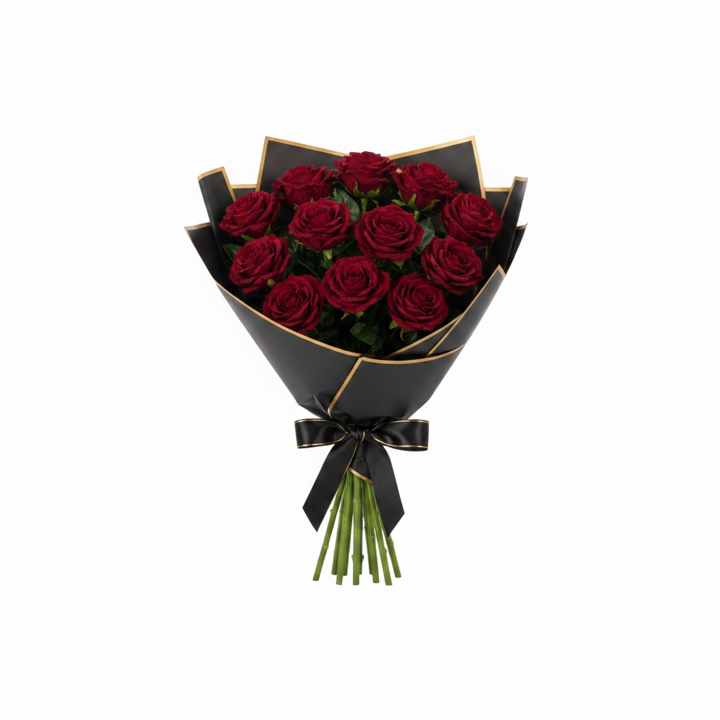 12 dark red faux roses bouquet wrapped in elegant black and gold wrapping paper tied with black ribbon bow