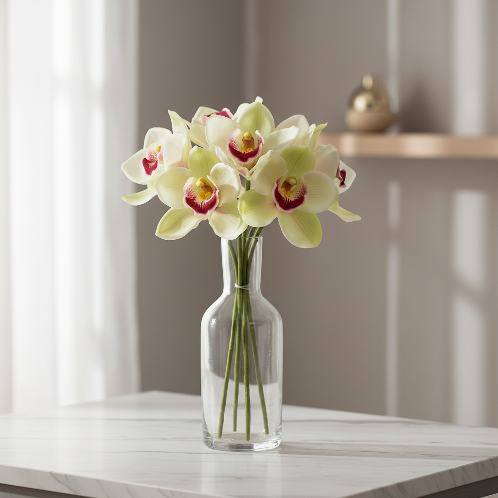 Artificial cream and pale green Cymbidium orchid bouquet with burgundy centers in a clear glass vase on white marble surface, elegant minimalist home decor