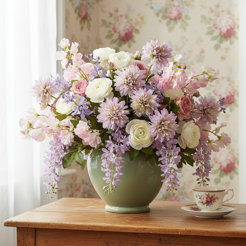Faux blush lavender dahlia stems with wispy petals tucked into a cottagecore arrangement with sweet peas and ranunculus in a sage green ceramic vase