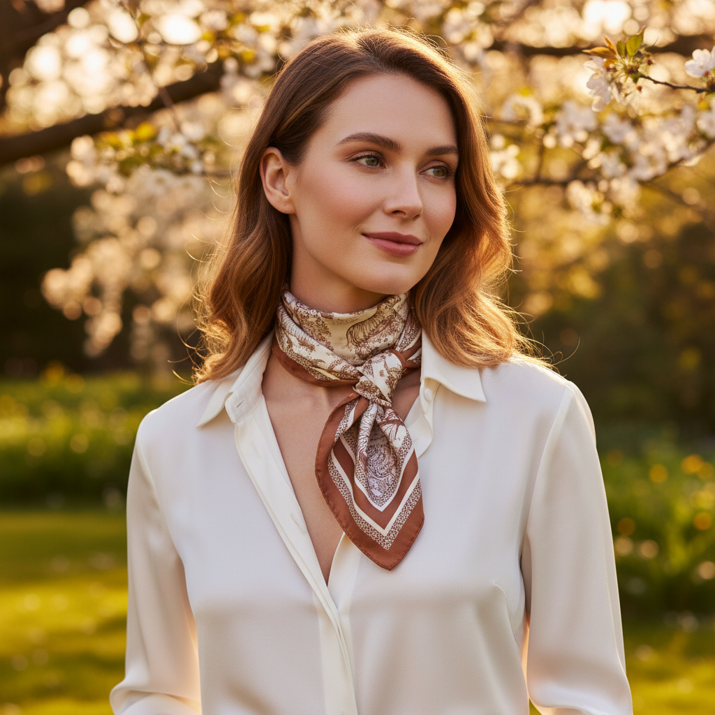 Woman wearing brown beige jungle safari animal wildlife print 35 inch square scarf as neck scarf over white blouse outdoor lifestyle