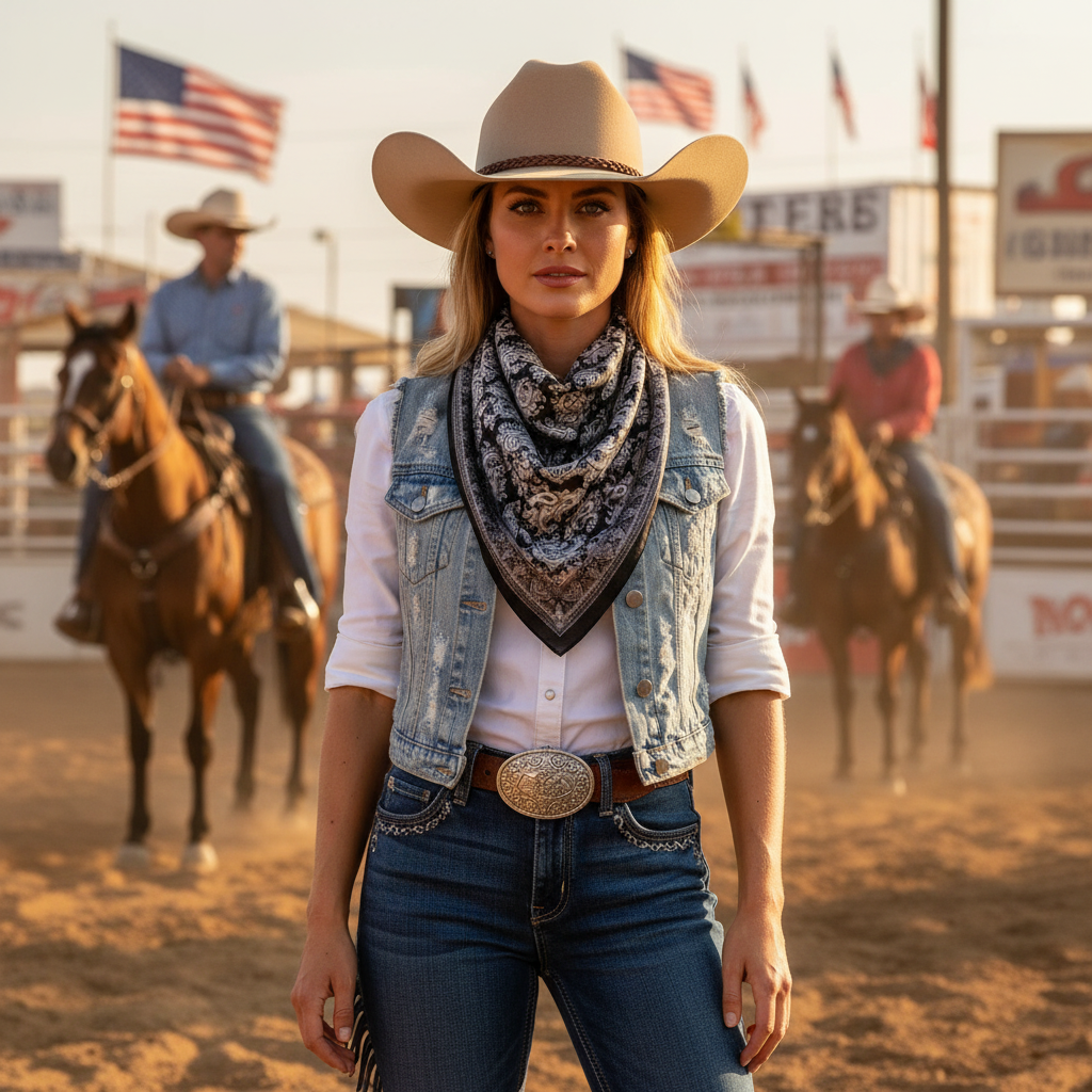 Woman wearing black and white paisley satin square scarf at summer rodeo western outfit