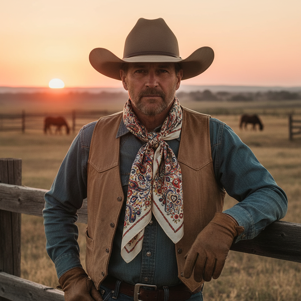 Cowboy wearing cream ivory paisley floral satin wild rag scarf tied at the neck standing by a ranch fence at sunset