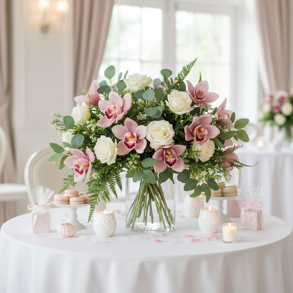Pink Cymbidium orchids mixed with white roses in lush bridal shower table arrangement pastel party decor