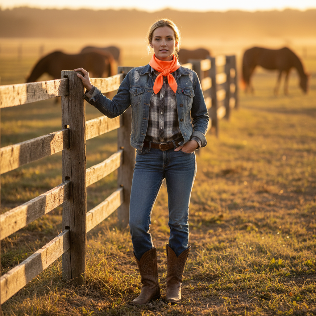 Woman wearing coral orange satin wild rag scarf in classic western style at ranch with horses, golden hour lighting