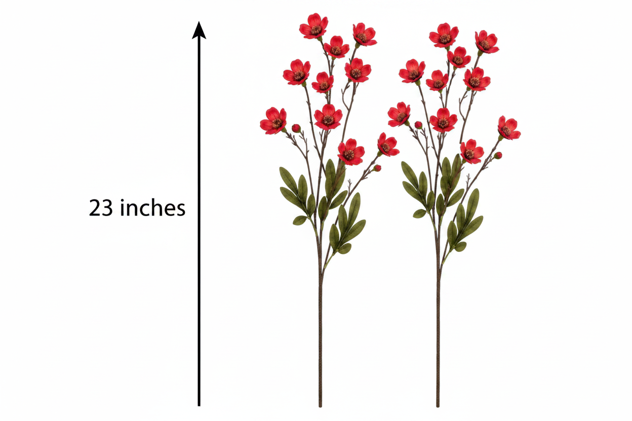 Artificial red dogwood flower stems flat lay showing 23 inch height