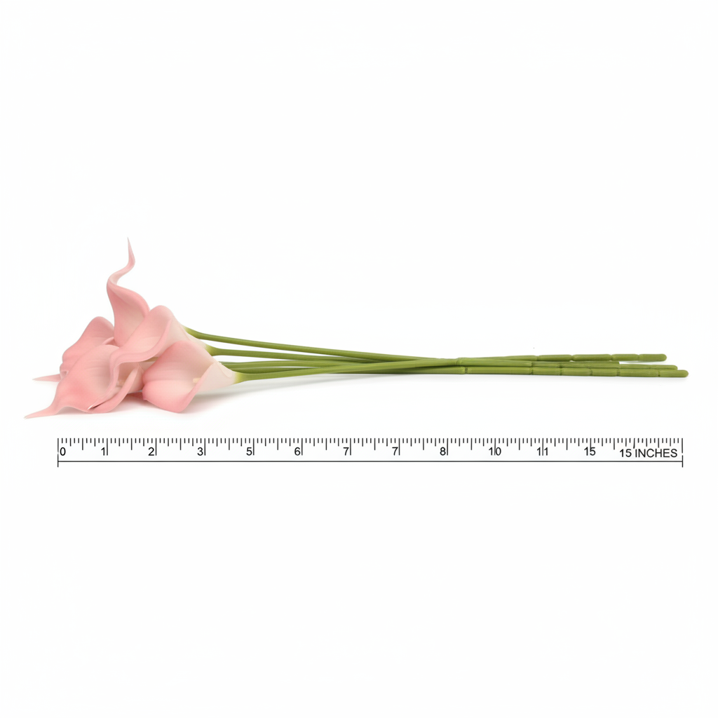 Blush pink faux calla lily stems on white background with measurement line showing 15 inches, product dimensions photography