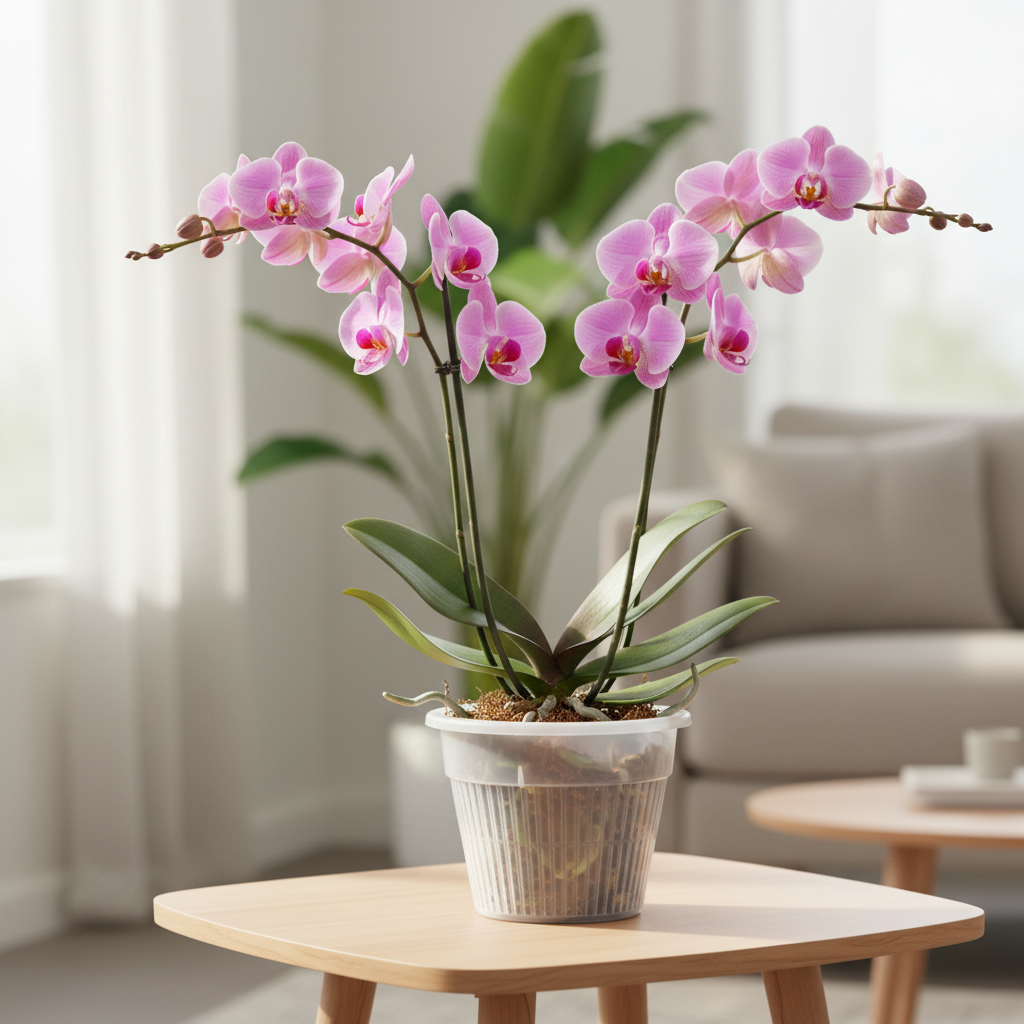 Clear 5 inch slotted orchid pot with open air slits holding a pink phalaenopsis orchid on a modern living room side table