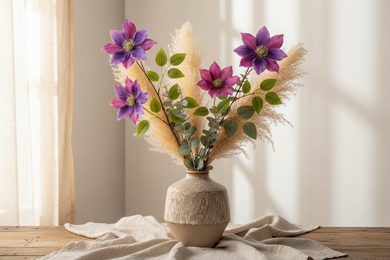 Rich purple clematis artificial flower stems in a neutral boho ceramic vase with pampas grass and eucalyptus on a linen-draped surface