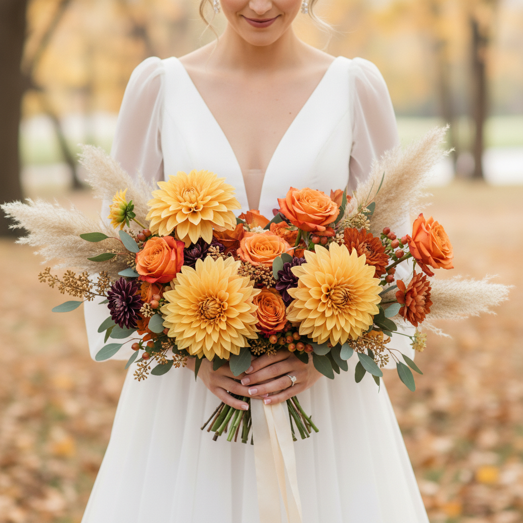 Yellow dahlia artificial flower stems in a fall bridal bouquet with orange roses and warm autumn tones