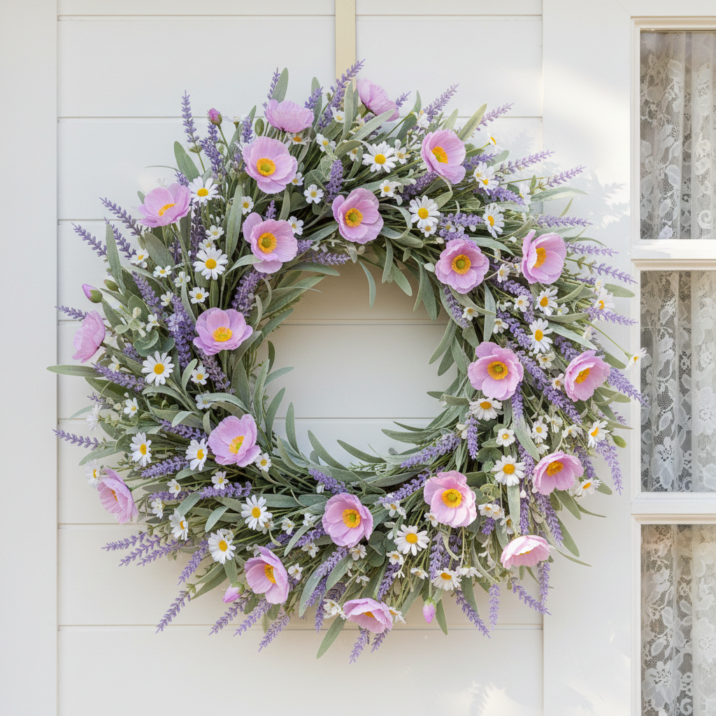 Faux lavender poppy stems woven into a full spring cottagecore front door wreath with lavender sprigs, baby's breath, and chamomile daisies on a white shiplap door