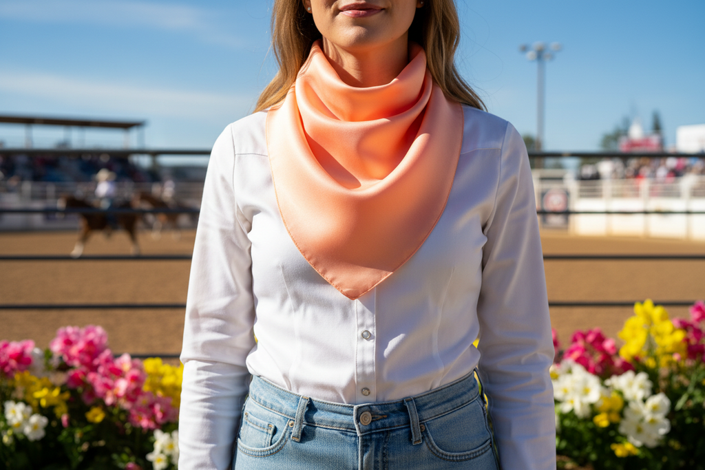 Peach wild rag worn at spring rodeo with blooming flowers and blue sky, white western shirt and light denim