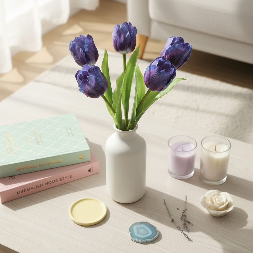 Spring home decor flat lay with artificial purple tulip bouquet, white vase, books, and candles overhead view