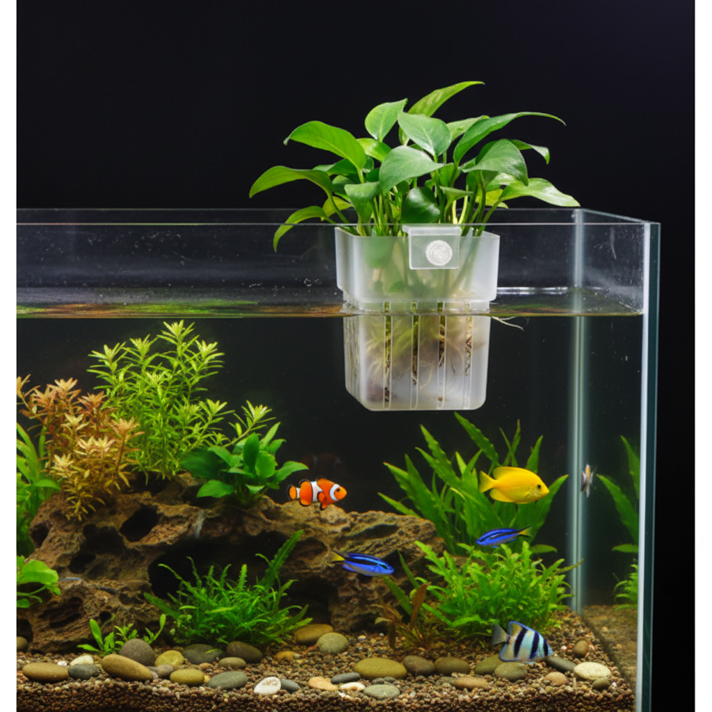 Clear plastic aquarium plant basket with knob fixing clamp mounted on glass tank wall with bottom half submerged in water, colorful tropical fish and aquatic plants visible inside the aquarium