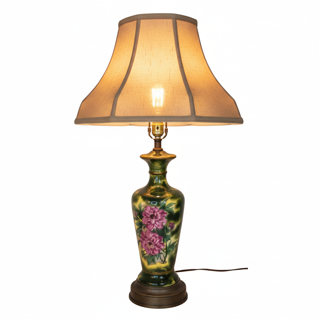 Vintage Victorian ceramic table lamp with hand-painted pink and purple floral design on green background, glowing warm light bulb