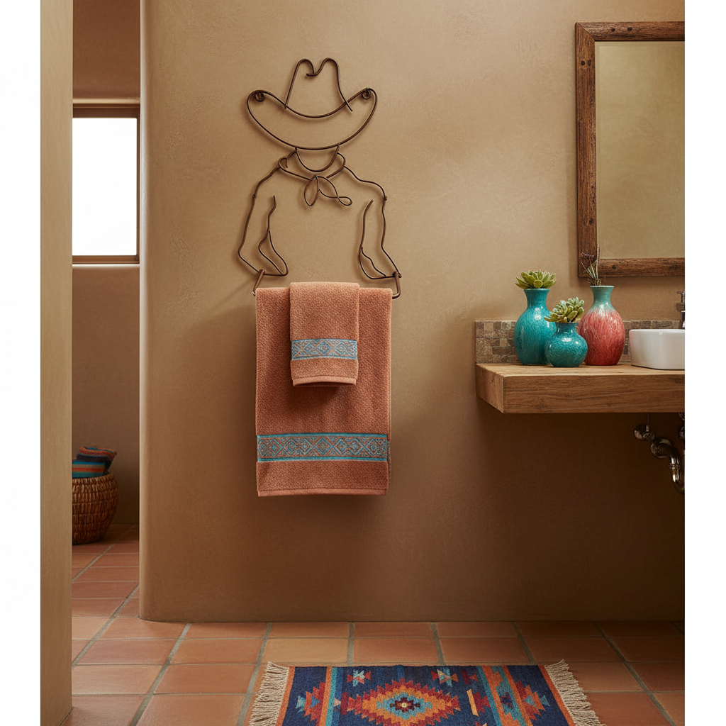 Brown western cowboy hat towel holder in southwestern bathroom with terracotta tiles and turquoise accents, 23x15 inches