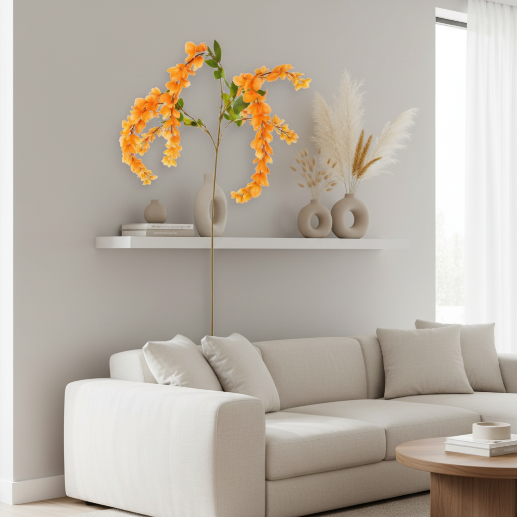 Artificial orange wisteria stem styled on a modern home floating shelf alongside neutral ceramic vases and dried grasses