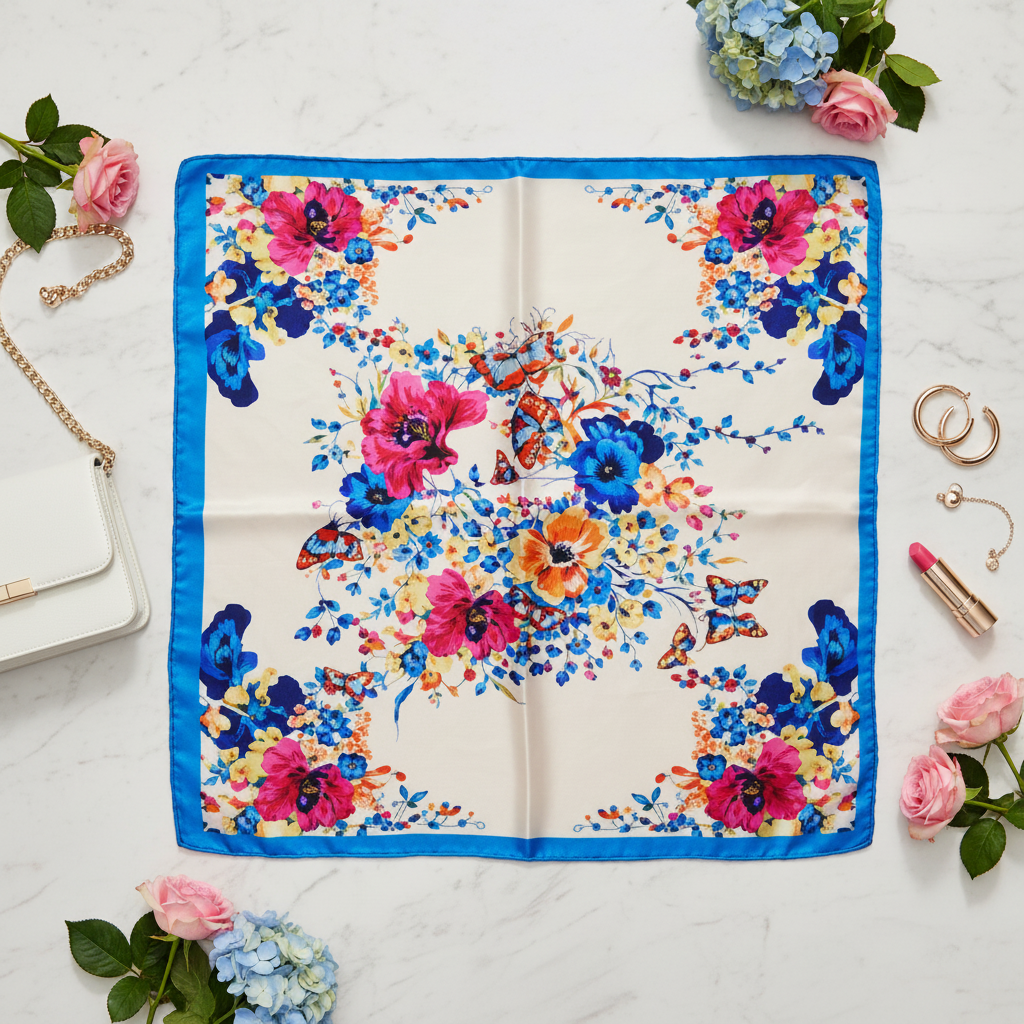 Flat lay of blue floral butterfly satin square scarf as centerpiece on white marble with white leather purse gold hoop earrings gold bracelet pink lipstick pink and blue florals 20x20
