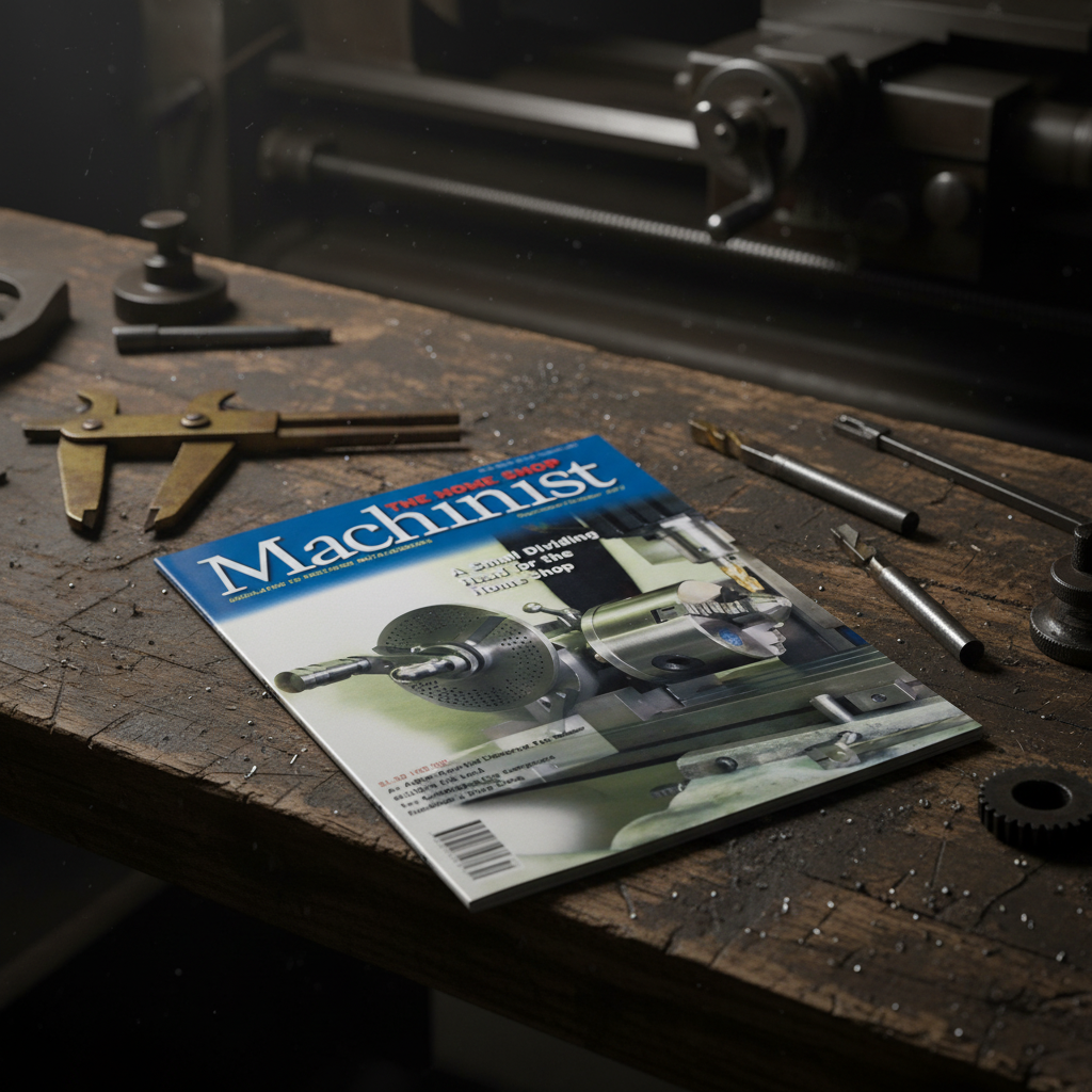 The Home Shop Machinist magazine displayed with vintage lathe tools and machinist equipment on weathered wood surface with moody workshop lighting