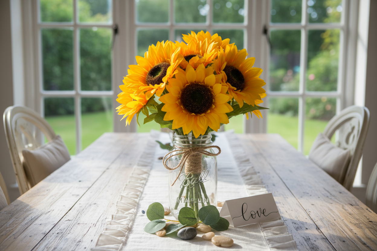 Artificial sunflower bouquet in rustic mason jar wedding centerpiece