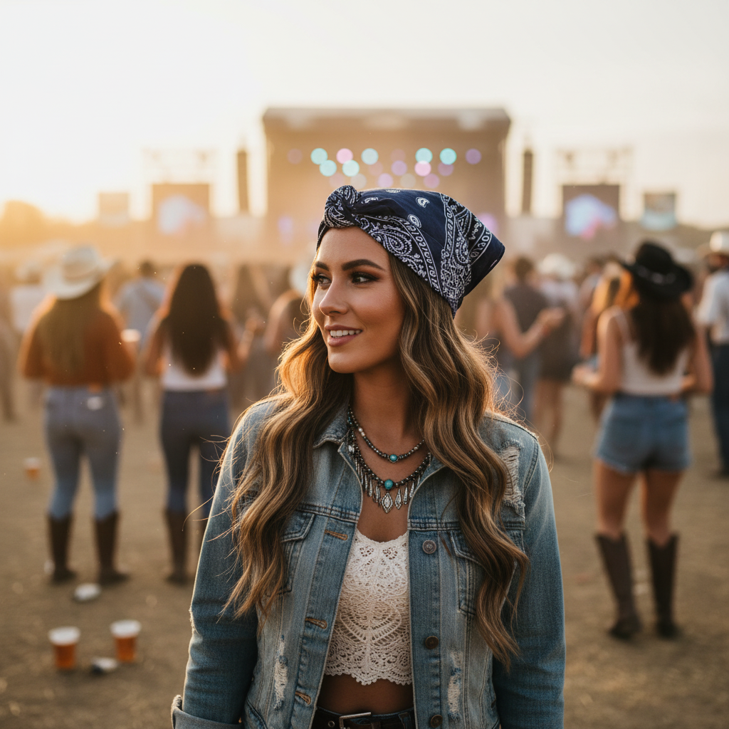 Woman wearing navy paisley wild rag as head wrap at country concert