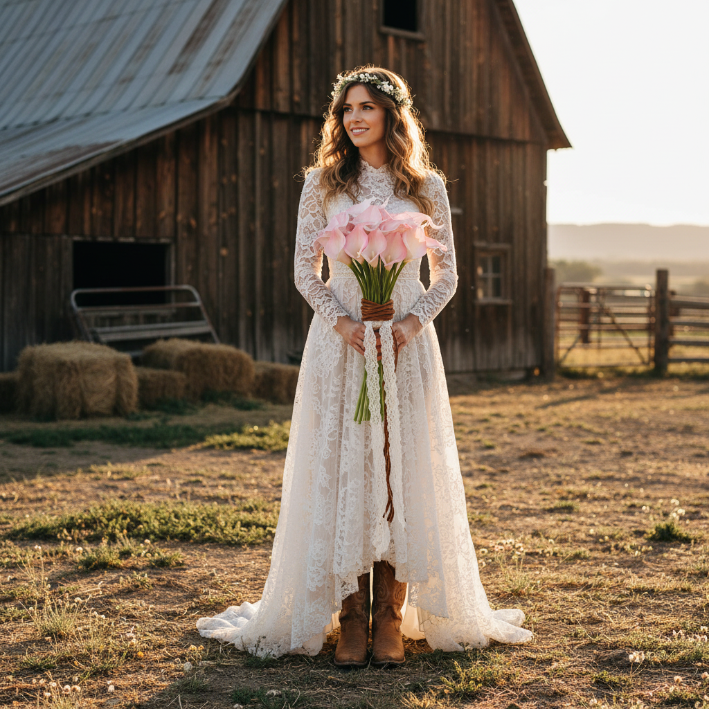 Western bridal bouquet with blush pink faux calla lily stems tied with leather cord, bride in cowboy boots, outdoor ranch wedding