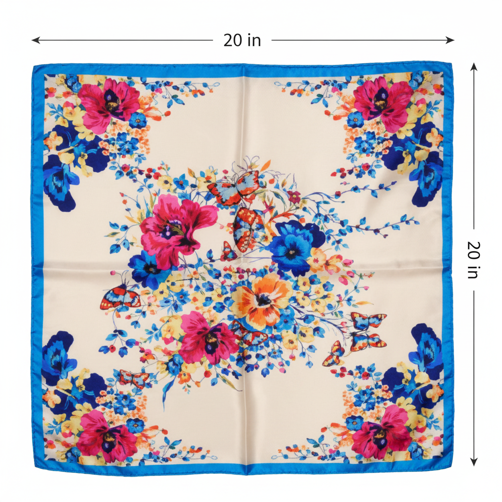 Blue floral butterfly satin square scarf size measurement diagram showing 20 inches width and 20 inches height with two clean arrow lines on white background 20x20