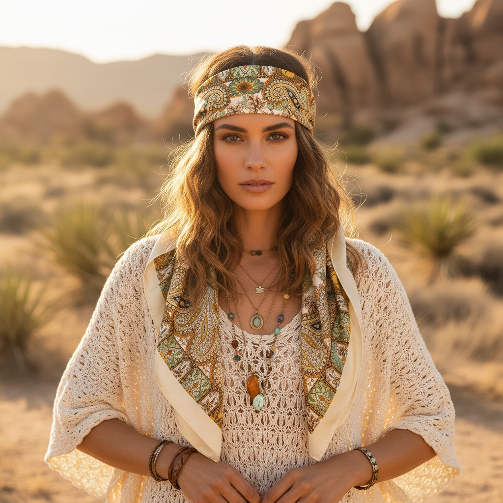 Bohemian woman wearing cream gold sage green paisley satin scarf as boho head wrap with flowing ends – free spirit chic style