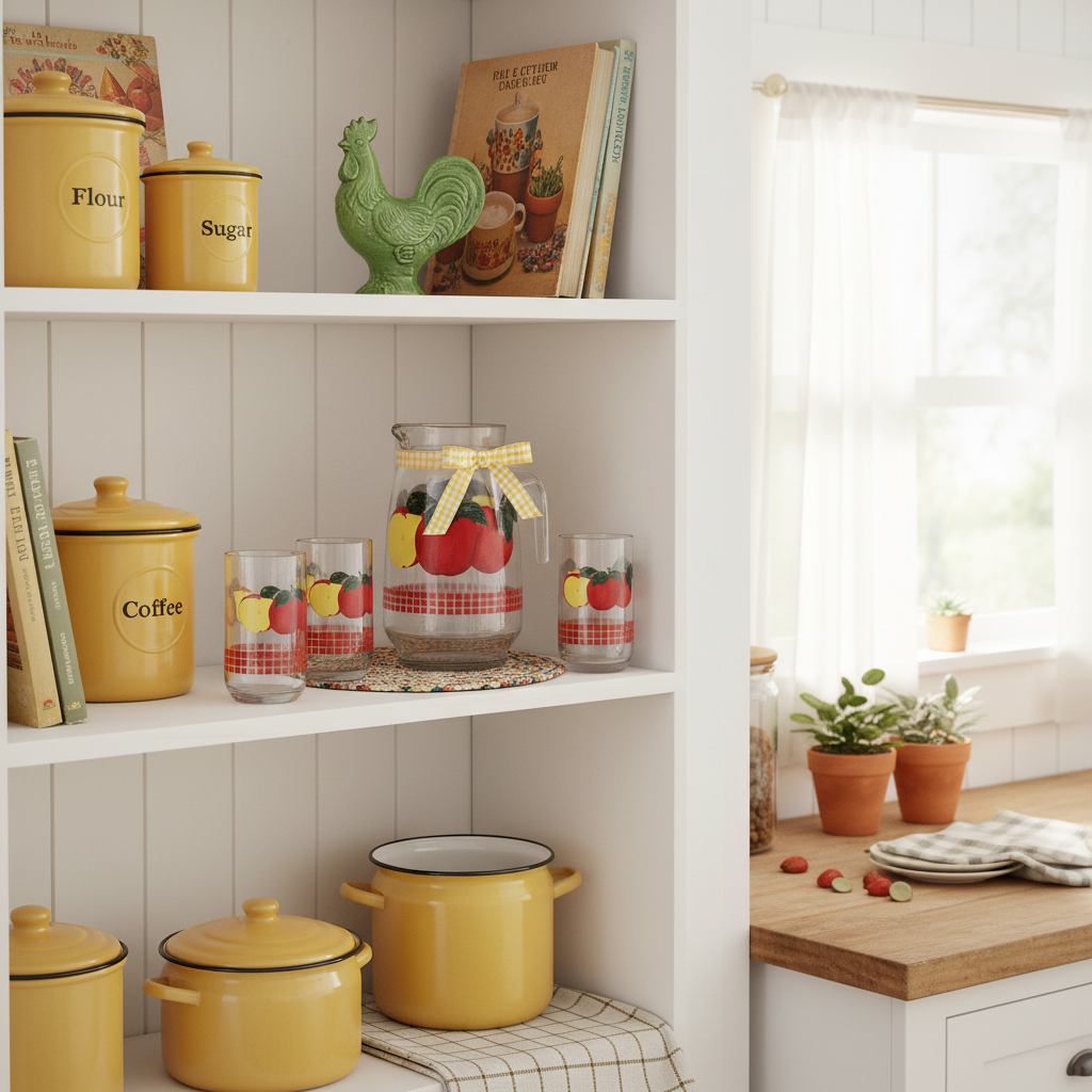 KIG Malaysia apple glass pitcher and 4 glasses styled on open white kitchen shelving with retro 1970s farmhouse decor