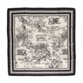 Black and white safari animal print satin scarf 35x35 inch flat lay on white background, toile style jungle animals with ornate black border