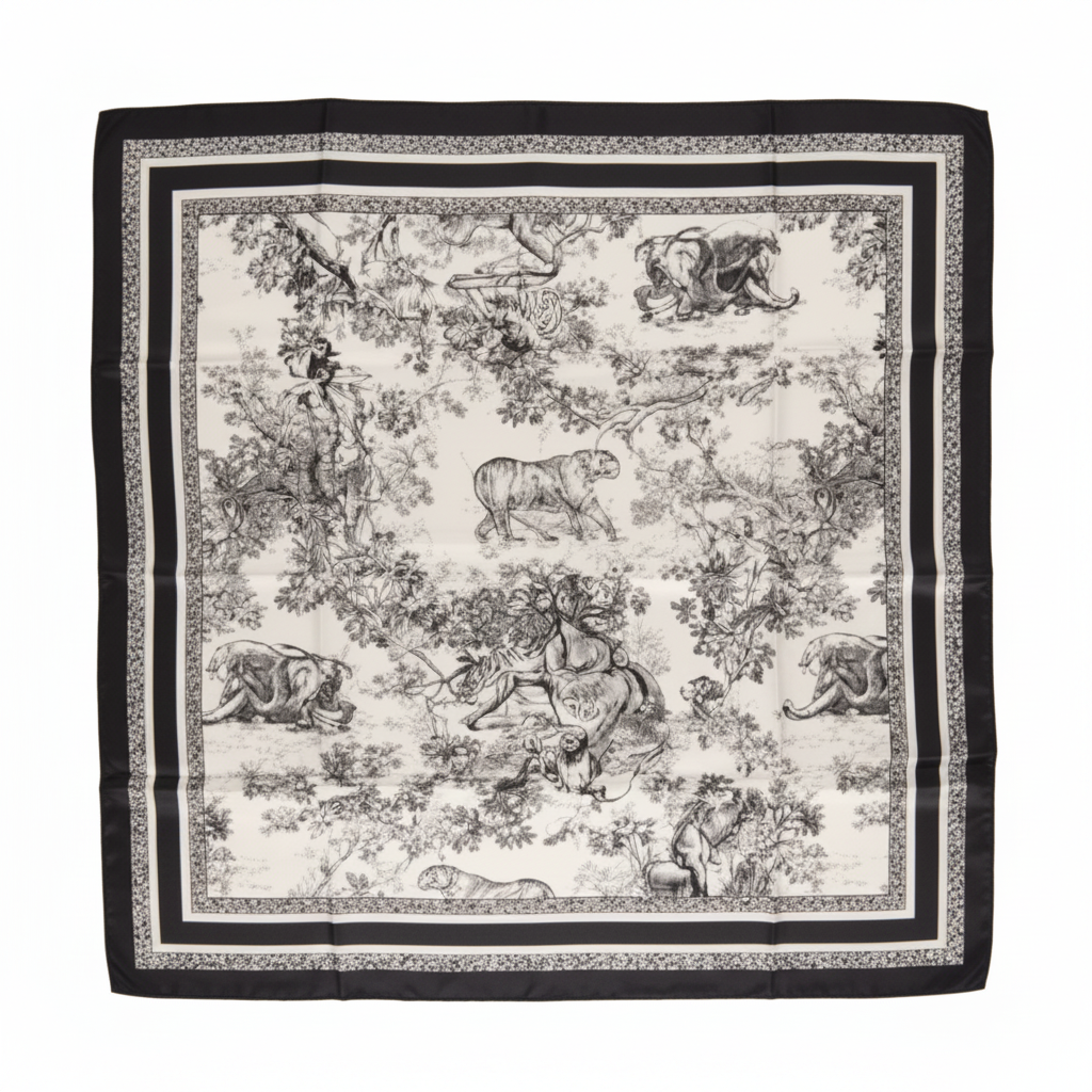 Black and white safari animal print satin scarf 35x35 inch flat lay on white background, toile style jungle animals with ornate black border