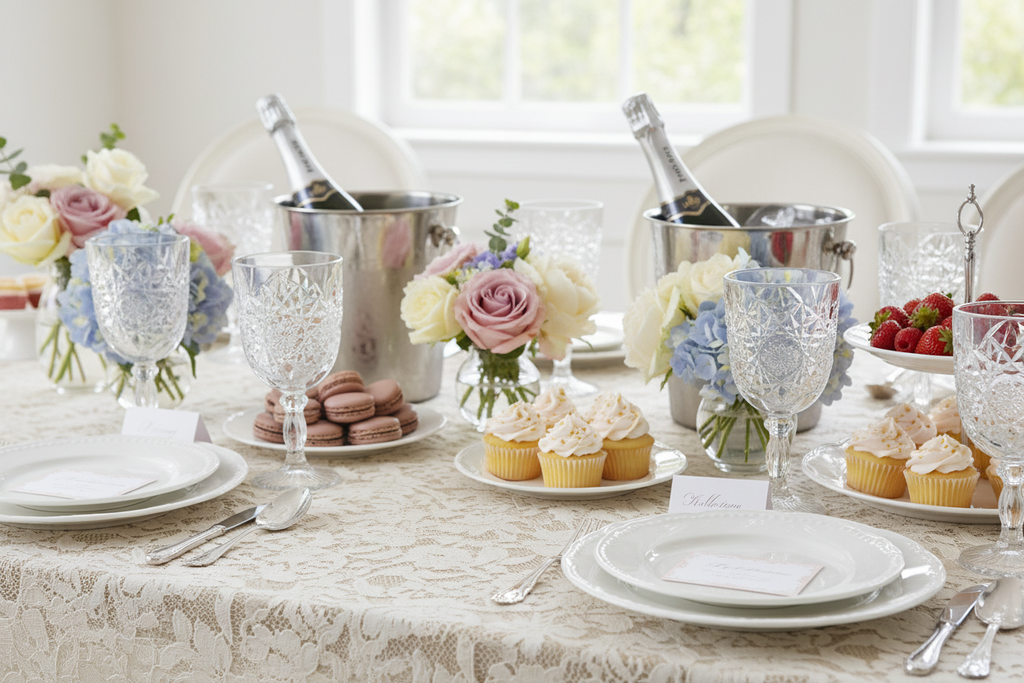 Vintage Hobstar goblets styled on bridal shower table with lace and pastel flowers