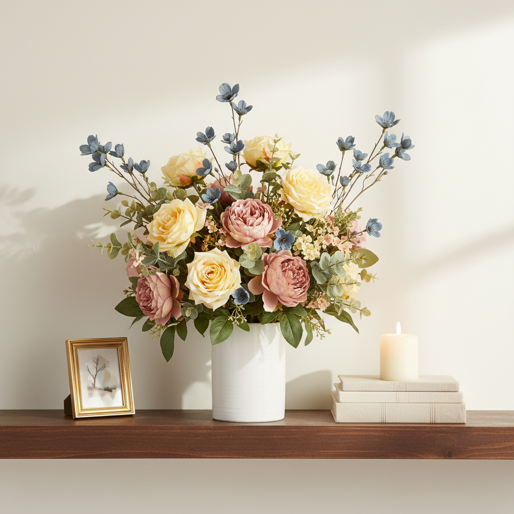 Dusty blue dogwood flower stems tucked into a lush colorful faux floral arrangement with yellow, blush, and sage flowers in a white vase on a wood shelf with gold-framed art and candle
