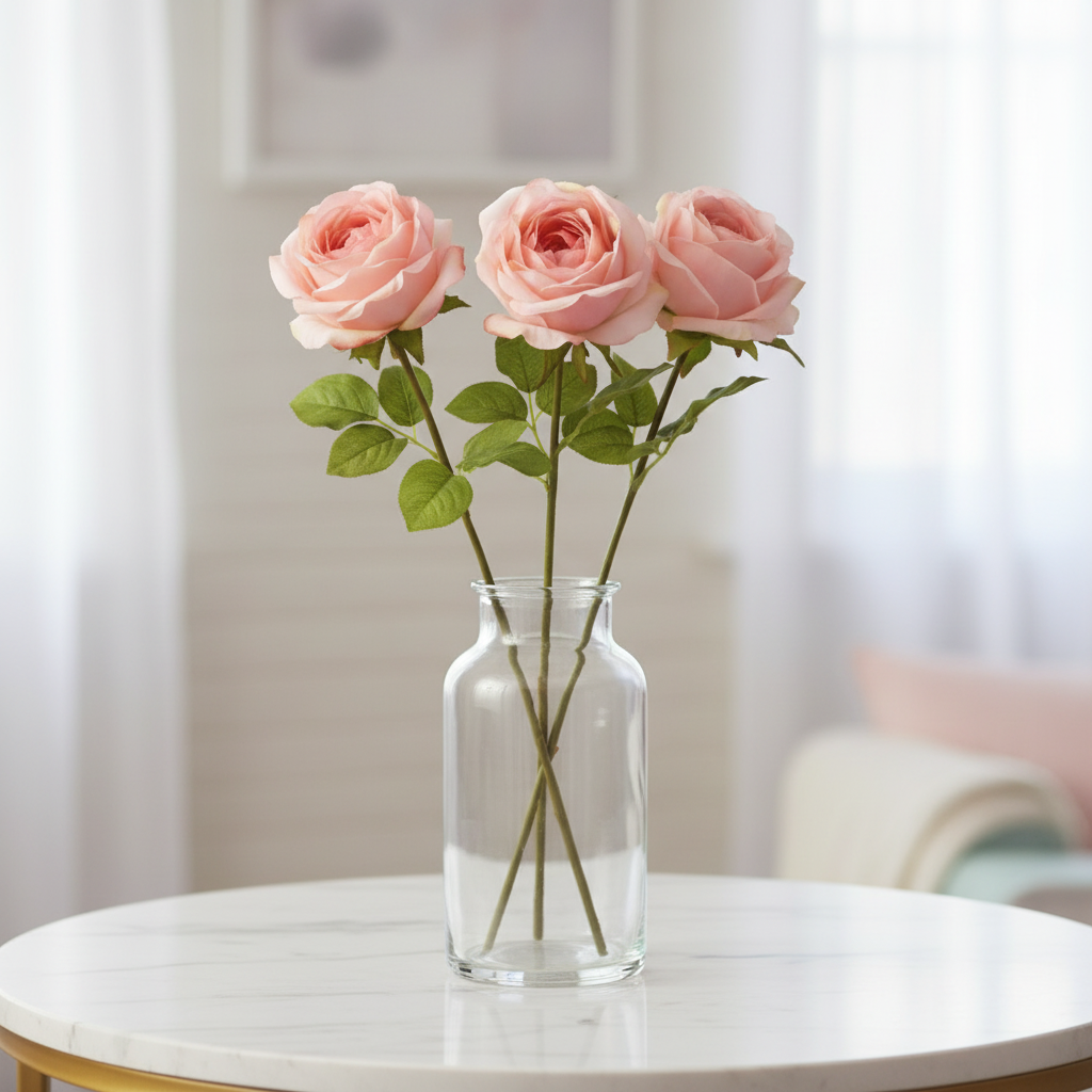 Three blush pink artificial silk rose stems arranged in a clear glass vase on a white marble table, romantic home decor display